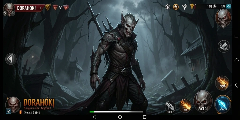 Tampilan gameplay DORAHOKI menampilkan suasana mencekam dan karakter menakutkan.