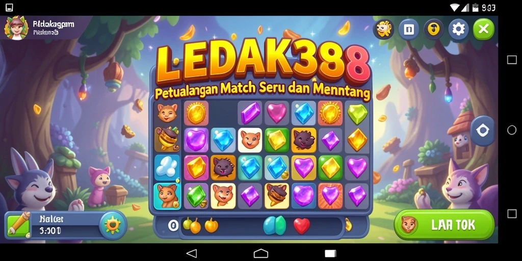 Tampilan gameplay seru di LEDAK388 dengan ikon match-3 yang berwarna-warni.